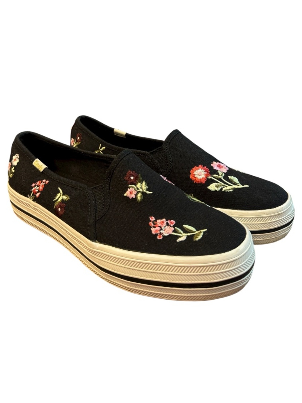 Keds X Kate Spade New York Triple Deck Black Floral Embroidered Slip-on Shoes